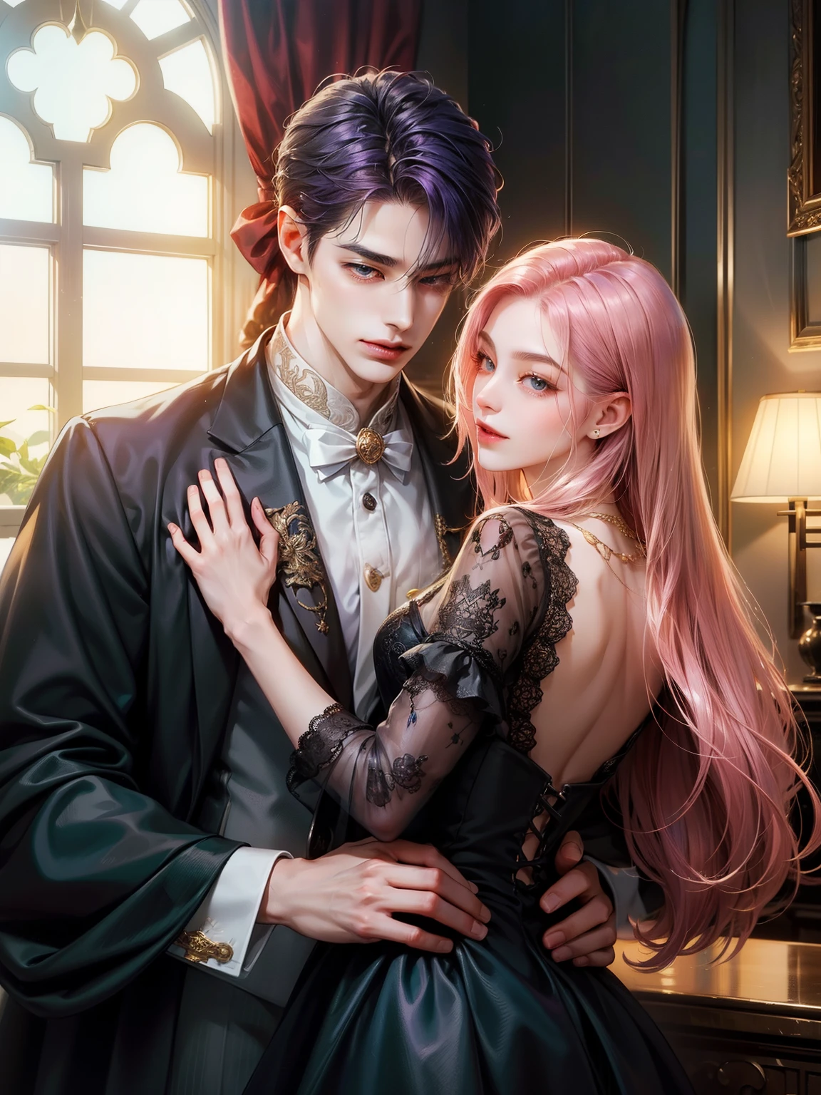 masterpiece, top-quality, 2Others, Male and female couples, 1 man and 1,, Adults, Height difference, different fashion, different color, finely eye and detailed face, intricate detailes, gentleman's clothing, Oversized shirt, Modern urban streets, Hands on back, A smile, Happiness, tenderness, high-level image quality、 beautiful male、tall、hug from behind、Trying to kiss、window、nightfall、nighttime scene、𝓡𝓸𝓶𝓪𝓷𝓽𝓲𝓬、Korean Male, Idol Photos, k pop, Professional Photos, Vampires, Korean fashion in black and white, Fedoman with a necklace, inspired by Sim Sa-jeong, androgynous vampire, :9 detailed face: 8, extra detailed face, detailed punk hair, ((asa)) baggy eyes, Seductive. Highly detailed, semi realistic anime, Vampires, hyperrealistic , delicate androgynous prince, imvu, short hair above the ears, Man with short hair, Woman with long hair, A man with a gentle expression and a woman with a gentle expression, With a short-haired man with bright purple hair, Woman with pretty long pink hair、8K