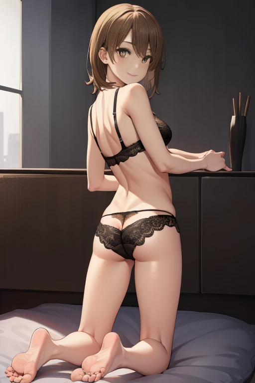 ((full body:1.4)), irohaisshikitest, iroha isshiki, short hair, brown hair, (brown eyes:1.5),
((black lace bra:1.4)), ((black lace panties:1.4)), black pantyhose, ((show feets:1.4)), ((smile face)), red face.
BREAK, livingroom background, kneeling on floor, spread legs,
BREAK ((looking back:1.4)), BREAK (masterpiece:1.2), best quality, high resolution, unity 8k wallpaper, (illustration:0.8), (beautiful detailed eyes:1.6), extremely detailed face, perfect lighting, extremely detailed CG, (perfect hands, perfect anatomy),