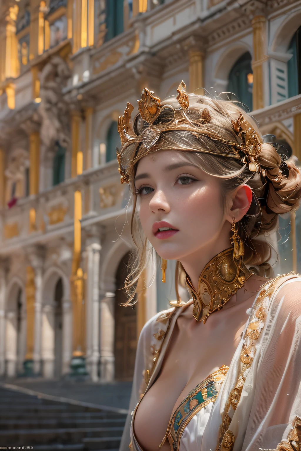 Hyperrealistic portrait of a woman in Roman style 200 b. c. auf dem Markt von Rom von David Hockney und Alphonse Mucha, Fantasy-Kunst, fotorealistisch, dynamische Beleuchtung, Artstation, Poster, volumetrische Beleuchtung, sehr detaillierte Gesichter, 4 k, awards winning,, 女の子1人, im Dunkeln, tiefer Schatten, lowkey, Cowboy-Schuss,(offizielle Kleidung: 1,4) ,lange Haare,dunkle Haare,