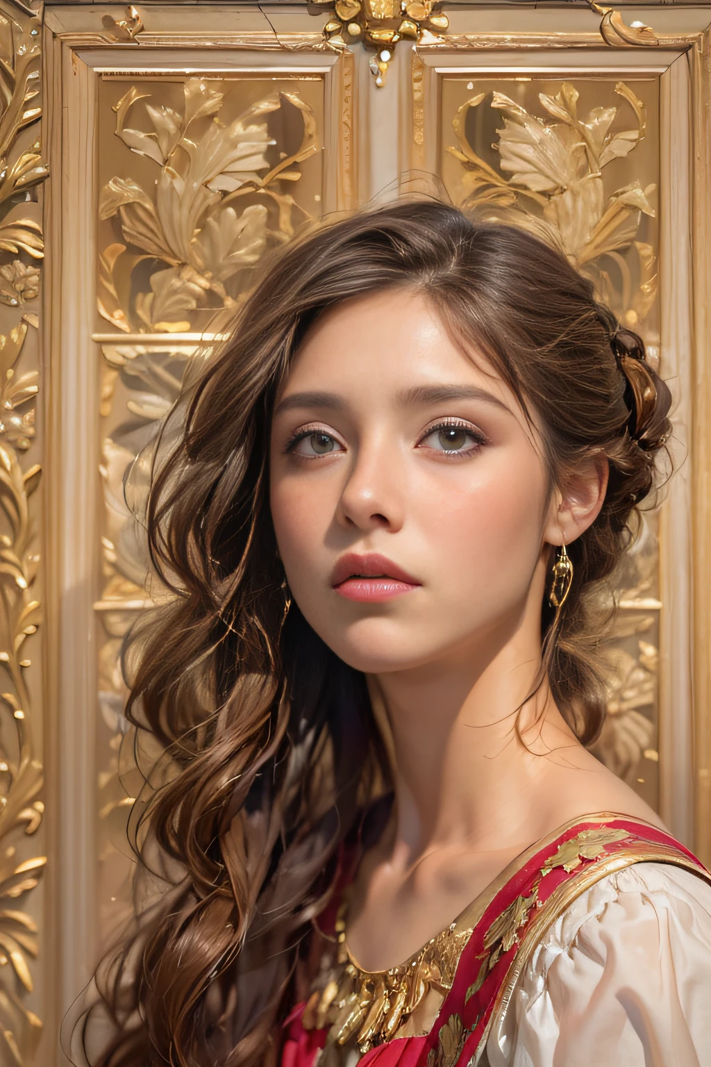 Hyperrealistic portrait of a woman in Roman style 200 b. c. von David Hockney und Alphonse Mucha, Fantasy-Kunst, fotorealistisch, dynamische Beleuchtung, Artstation, Poster, volumetrische Beleuchtung, sehr detaillierte Gesichter, 4 k, awards winning,, 女の子1人, im Dunkeln, tiefer Schatten, lowkey, Cowboy-Schuss,(offizielle Kleidung: 1,4) ,lange Haare,dunkle Haare,