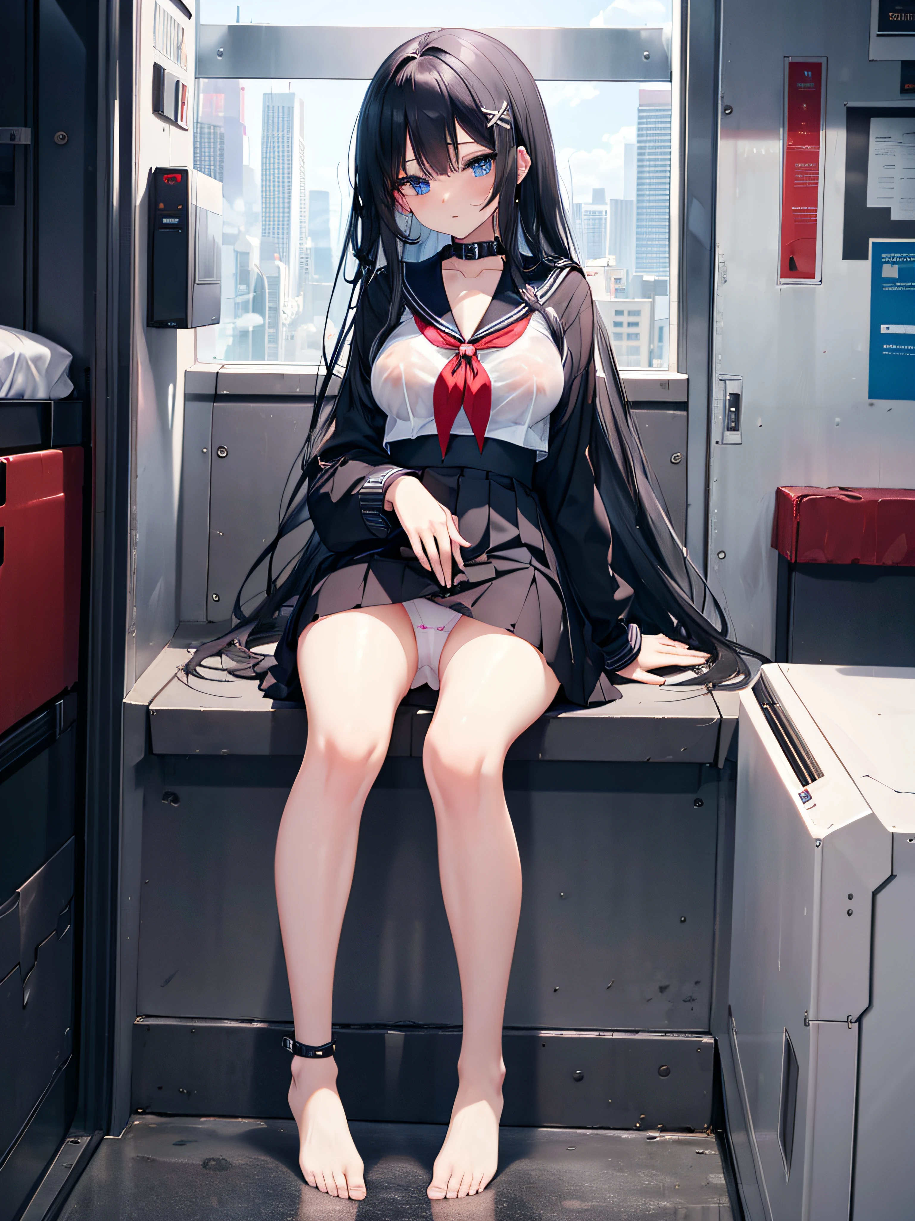 1girl, long black hair, blue eyes, sailor suit, Pleated miniskirt, city, absurdres, high res, ultrasharp, 8K, masterpiece, looking at viewer, steam, (lift skirt), white panty, floral lace undies, cameltoe, sexy, wind lift, see through nipples, beautiful face, sexually suggestive, sitting, spread legs, wet panty, navel, hairpin, collar, full body, licking ice cream, beautiful toes, beautiful hand gesture, leg collar, crotch