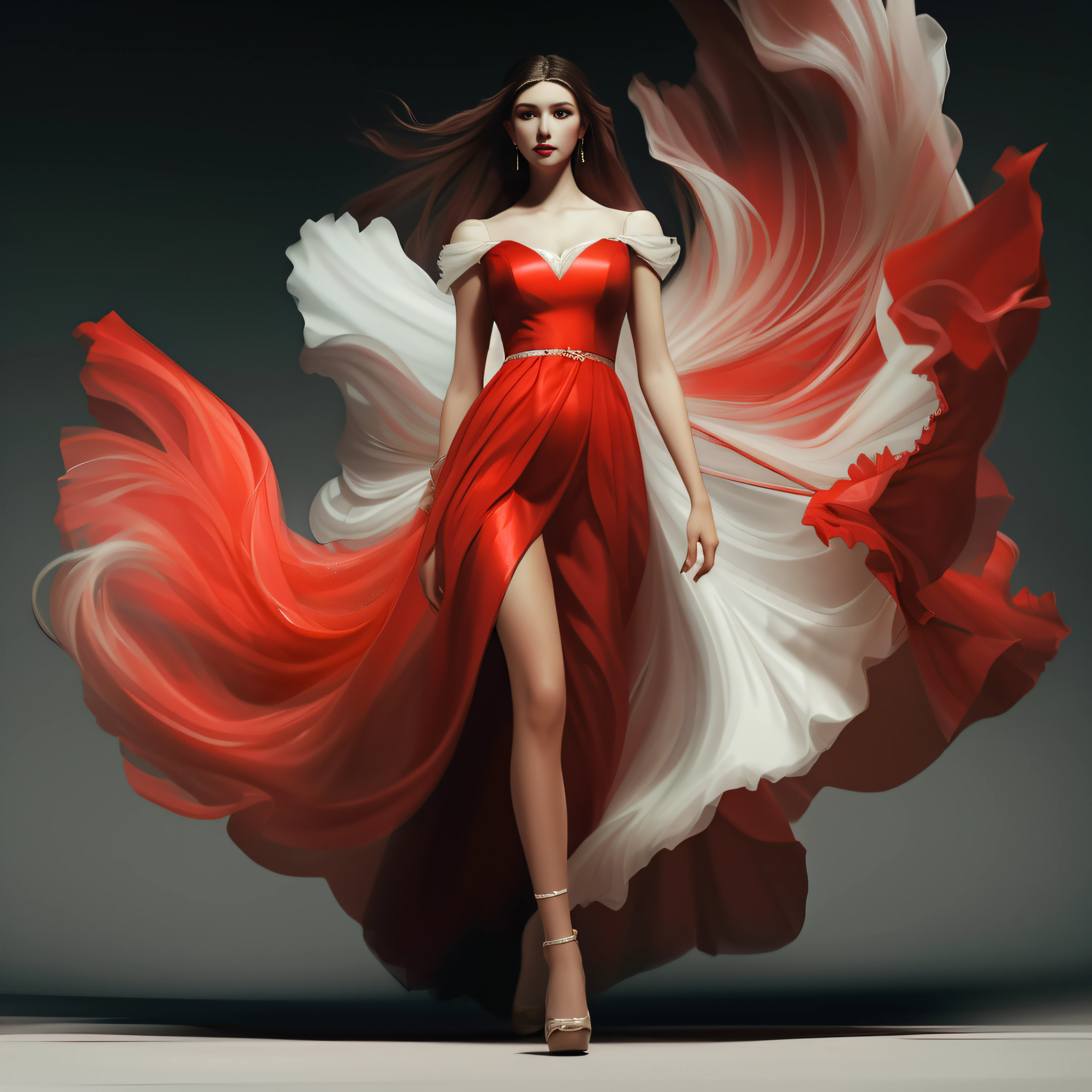 Arafed woman in a red dress with a flowing red dress, flowy dress, flowy dress, flowing fabric, Beautiful flowing fabric, Im Stil von Kyrill Kotashev, Digitale Kunst eines eleganten, flowing realistic fabric, Wearing a flowy dress, von Marie Bashkirtseff, Graustufen-Phtoto mit rotem Kleid, Fine Art Modefotografie