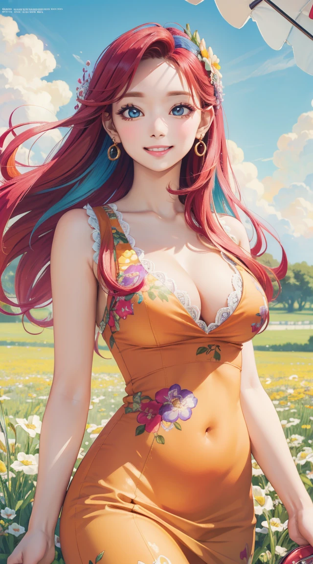 (masterpiece, best quality, ultra-detailed, 8k wallpaper), 1 girl, curvaceous but slender body, colorful spring outfit with intricate details, colorful hair, outdoor, meadows, cloud