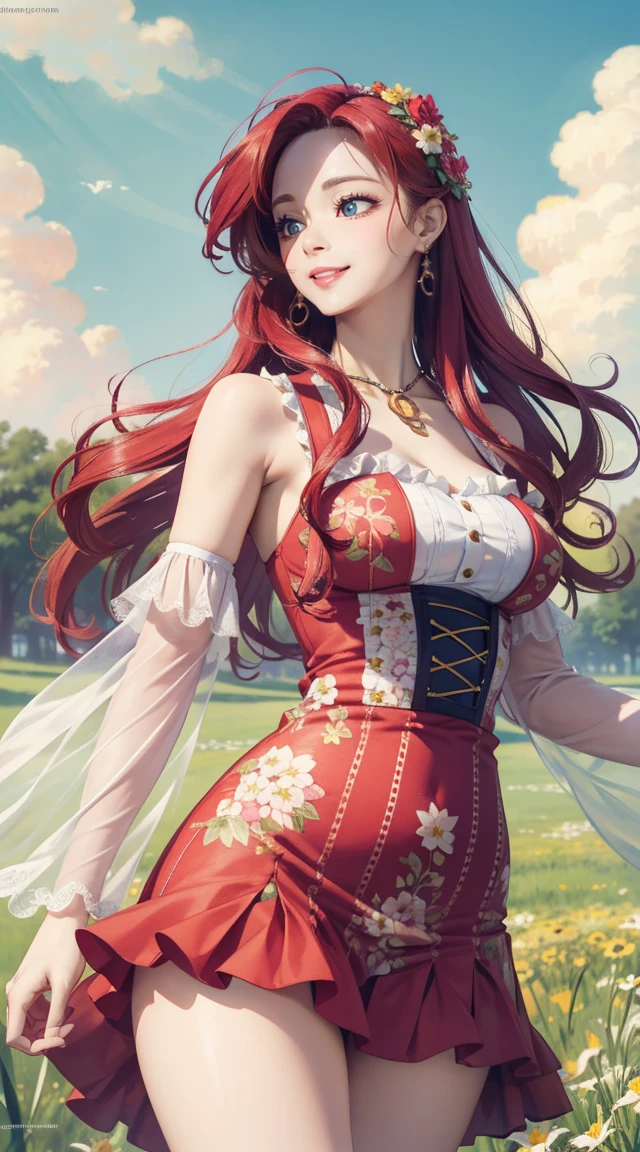 (masterpiece, best quality, ultra-detailed, 8k wallpaper), 1 girl, curvaceous but slender body, colorful spring outfit with intricate details, colorful hair, outdoor, meadows, cloud