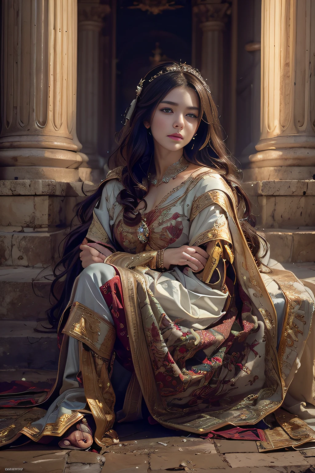 Hyperrealistic portrait of a woman in Roman style 200 b. c., fotorealistisch, dynamische Beleuchtung, Artstation, Poster, volumetrische Beleuchtung, sehr detaillierte Gesichter, 4 k, awards winning,, 1人, im Dunkeln, tiefer Schatten, lowkey, Cowboy-Schuss,(offizielle Kleidung: 1,4) ,lange Haare, tiefschwarze Haare,
