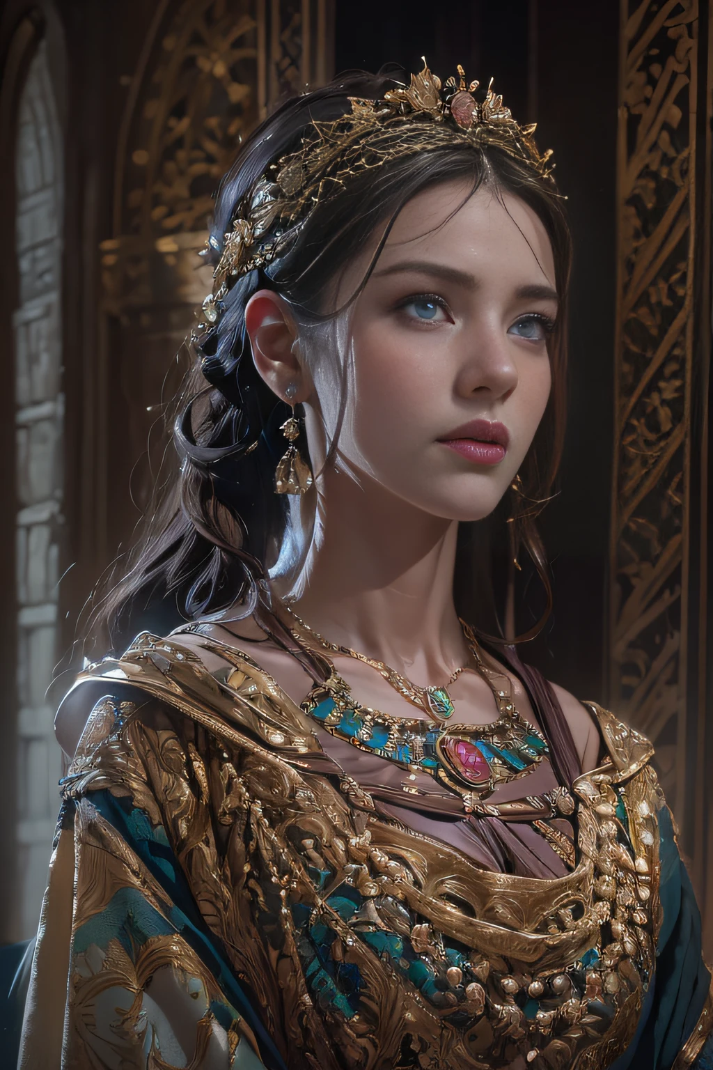 Hyperrealistic portrait of a woman in Roman style 200 b. c., fotorealistisch, dynamische Beleuchtung, Artstation, Poster, volumetrische Beleuchtung, sehr detaillierte Gesichter, 4 k, awards winning,, 1人, im Dunkeln, tiefer Schatten, lowkey, Cowboy-Schuss,(offizielle Kleidung: 1,4) ,lange Haare, tiefschwarze Haare,