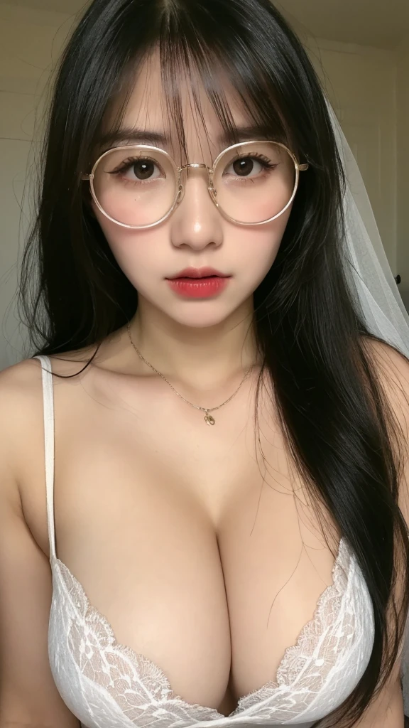 (realistic, high resolution:1.3), 1 girl with perfect figure,thin round glasses, super fine face and eyes, long hair, white lace veil: 1.2 , in bedroom, sit on the bed, big breasts, exposed cleavage