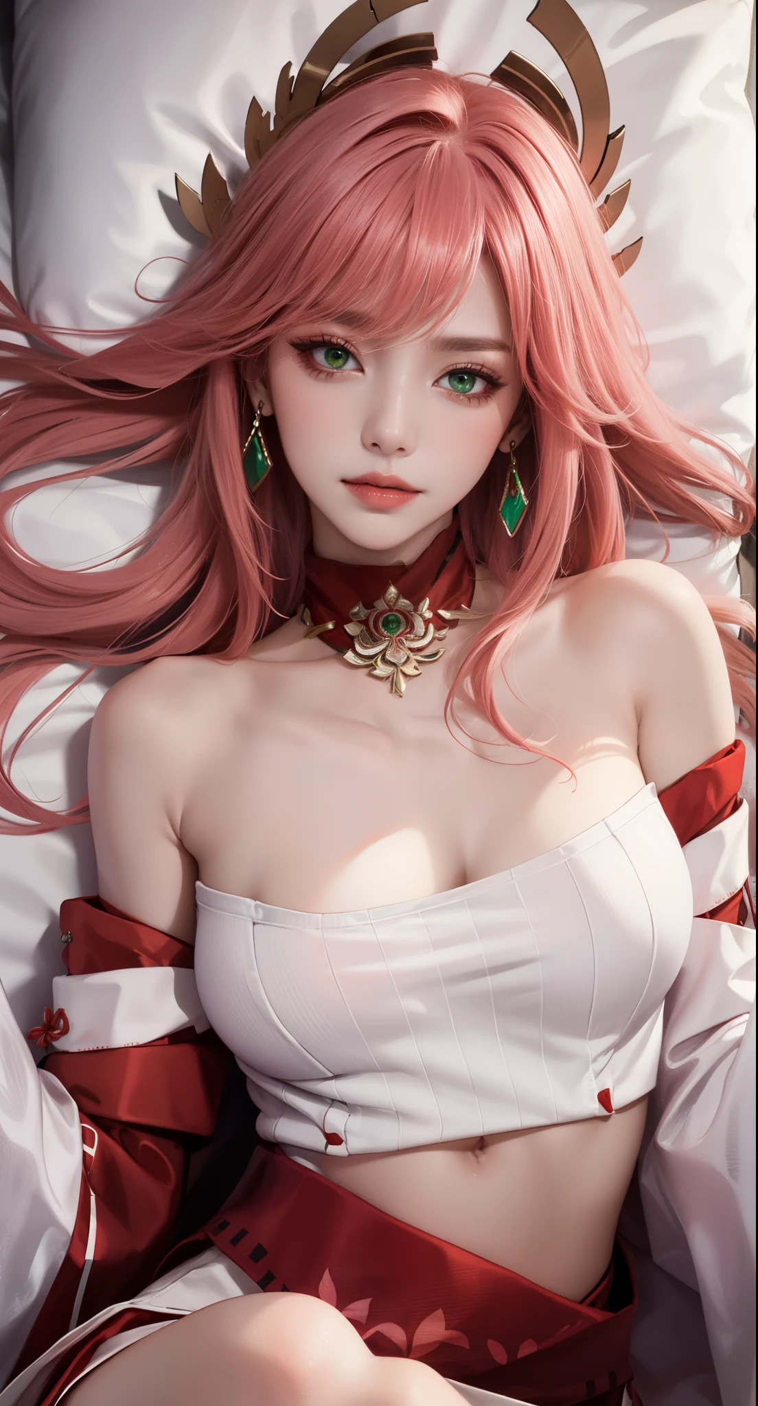 on bed, lying on bed sexy, (Masterpiece, Excellent, 1girl, solo, complex details, color difference), realism, ((medium breath)), off-the-shoulders, big breasts, sexy, Yae Miko, long pink hair, red headdress, red highlight, hair above one eye, green eyes, earrings, sharp eyes, perfectly symmetrical figure, choker, neon shirt, open jacket, turtleneck sweater, graffiti, dim lighting, alley, looking at the audience, ((mean, seductive, charming)), (dynamic sexy pose), tulle, bare shoulders, blooming flower fields, radiant skin, faint smile, sexy, bust, no breast cover, naked, cocked ass, tummy look