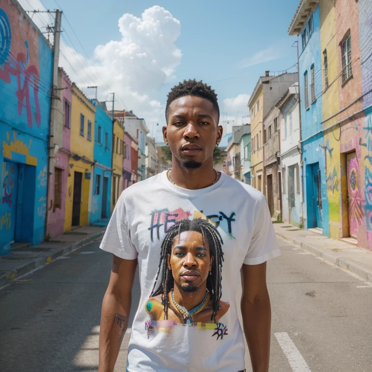 (best quality,4k,highres:1.2),ultra-detailed,realistic,vivid colors,surrealism,portrait,happy rebellion,standing tall,rude boy,jamaican,white plain t-shirt,vibrant,futuristic,colored graffiti backdrop,stunning,backdrop,contrast,Surrealism,vanishing point