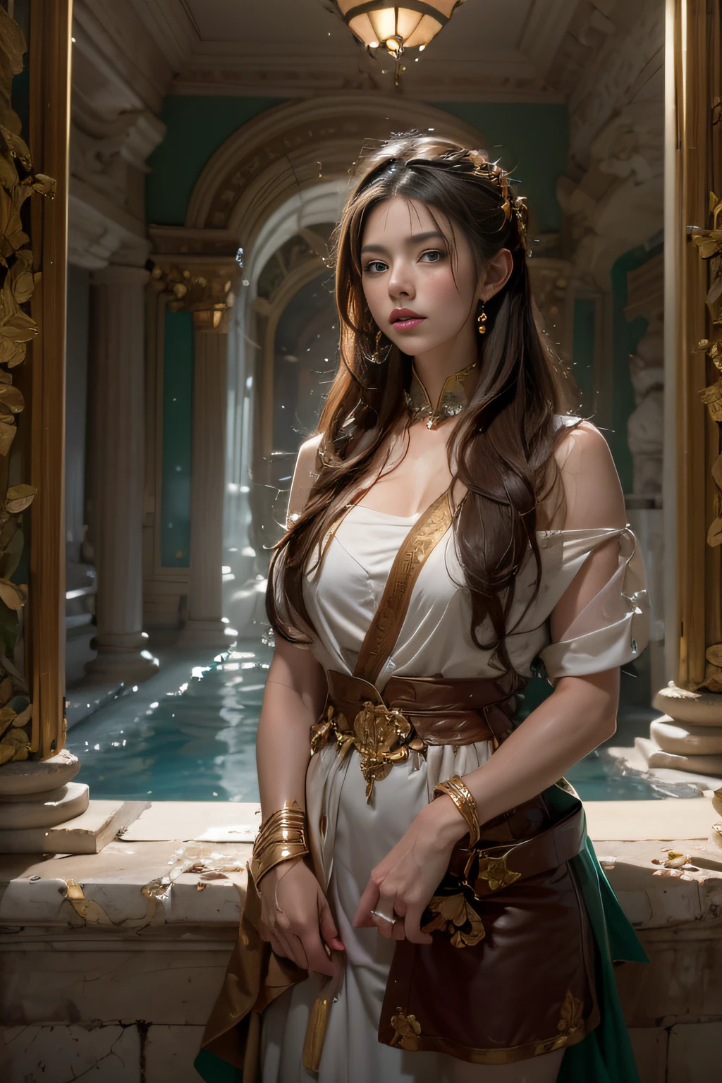 Hyperrealistic portrait of a cute woman in Roman style 200 b. c. in a Roman bathhouse, fotorealistisch, dynamische Beleuchtung, Artstation, Poster, volumetrische Beleuchtung, sehr detaillierte Gesichter, 4 k, awards winning,, 1人, im Dunkeln, tiefer Schatten, lowkey, Cowboy-Schuss,(offizielle Kleidung: 1,4) ,lange Haare,dunkle Haare,