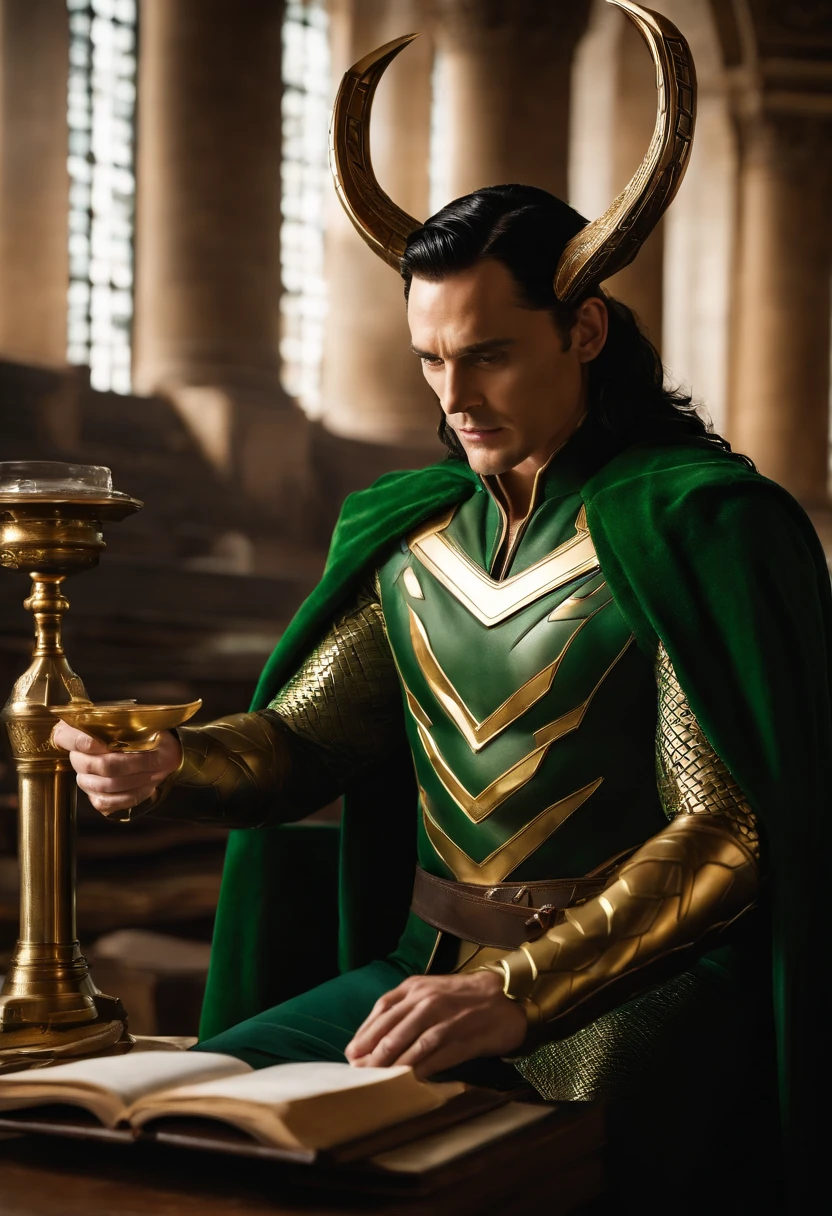 A photo of Loki at the Asgardian library, studying ancient texts and scrolls,Marvel Cinematic Universe,Loki, the “God of Mischief” is depicted in Marvel Comics and the Marvel Cinematic Universe, as a figure of mischief and complexity. he is seen with slicked-back black hair, often wearing a green and gold Asgardian costume that reflects both his royal heritage and his penchant for flair.