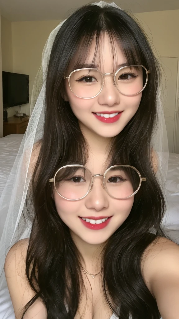 (realistic, high resolution:1.3), 1 girl with perfect figure,thin round glasses, smile, super fine face and eyes, long hair, white lace veil: 1.2 , in bedroom, sit on the bed, big breasts, exposed cleavage