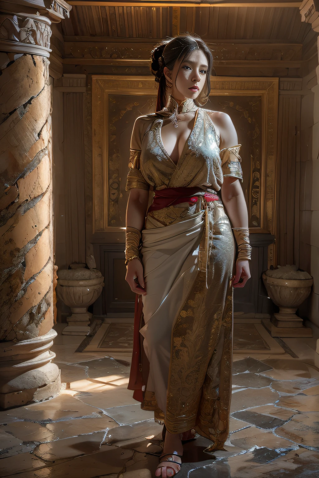 Photorealistic Production, (Realistic Image of a beautiful orange-haired woman (Morena Baccarin:Alyssa Sutherland:0.5)), (Athletic Body:1.4), (Detailed Skin:1.2), (Wearing a Plunging ice-blue Ornated Kebaya Dress with Silk Cloth and Golden Jeweleries:1.6), (Sly Face), (Deep Cleavage), (Various Poses:1.6), Centered, From Front Shot, Intricately Detailed, Intricate Face Detail, Intricate Hand Details, Cinematic Shot and Lighting, Realistic Colors, Masterpiece, Sharp Focus, Ultra Detailed, Taken with DSLR camera, Realistic Photography, Depth of Field, Incredibly Realistic Environment and Scene, Master Composition and Cinematography