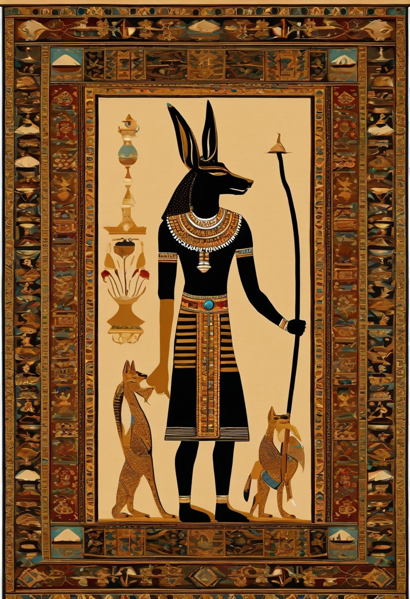 A photo of Anubis silently observing the intricate craftsmanship of a traditional handmade carpet,original,anubis is a tall muscular man with the head of a jackal. he is dressed in pharaoh clothing from ancient egypt