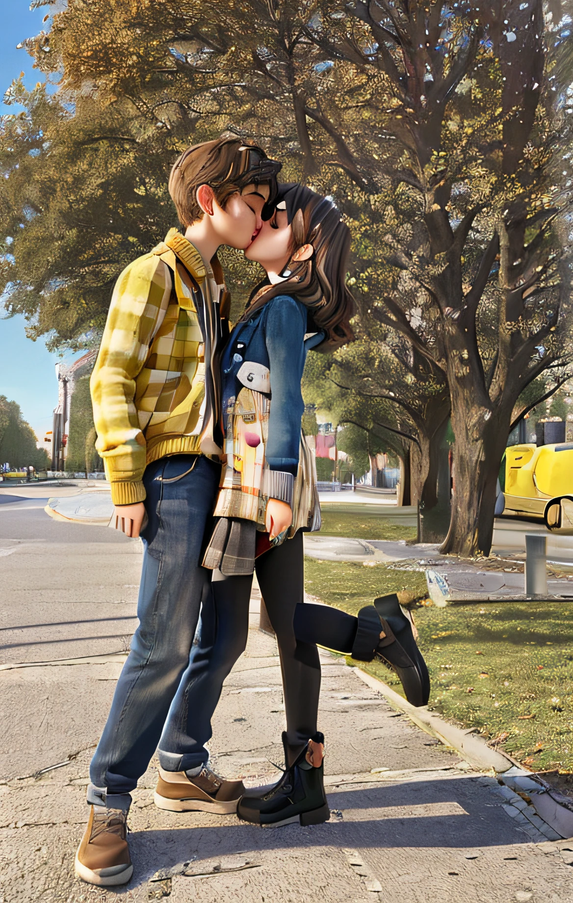 they are kissing each other on the sidewalk in the park, couple pose, kissing together cutely, fotografia, they are in love, couple kissing, kissing together, 🐿🍸🍋, by Bálint Kiss, 🍂 cute, 😭🤮 💔, 🤬 🤮 💕 🎀, yellow and black, shot on nikon z9, couple