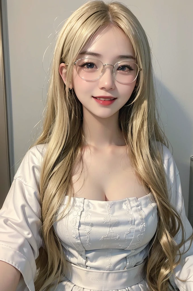 (Best quality, 8k, 32k, Masterpiece, UHD:1.2),Photo of Pretty Japanese woman, 1girl, glasses, smile, (long blonde hair), (large breasts), double eyelid, white transparent veil,hospital, patient's room, upper body, sexy