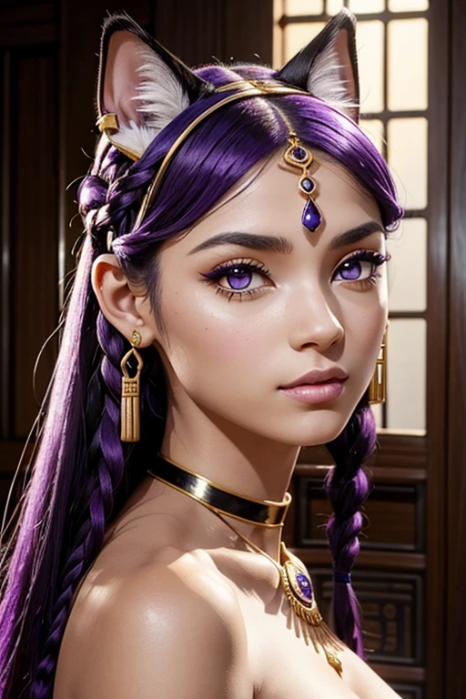 Déesse Egyptienne, Bastet, Toge Blanc, Jewel Dorée, oreilles de chat, Dark and Purple hair, braided hair, belle poitrine,clivage, Avatar de seconde vie, Nice screenshot, Femme seduisante vue complète du corps, High quality, very detailed skin,