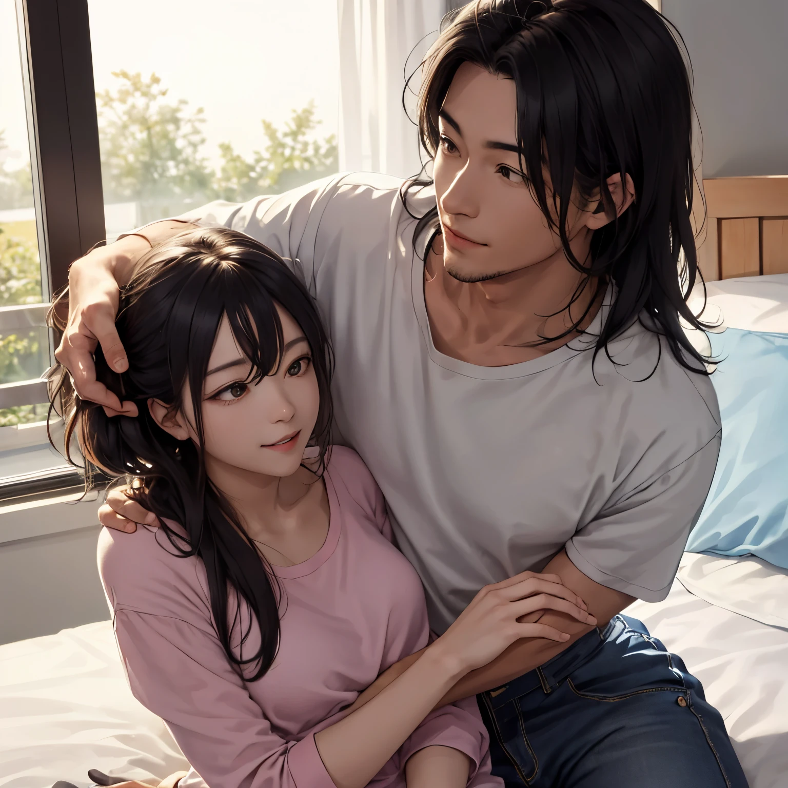 highest quality、4K quality、Man lying on sofa、Grey-haired woman in negligee straddling man、A man holds a woman、A man puts his hand on a woman's crotch、slender、Small face、、