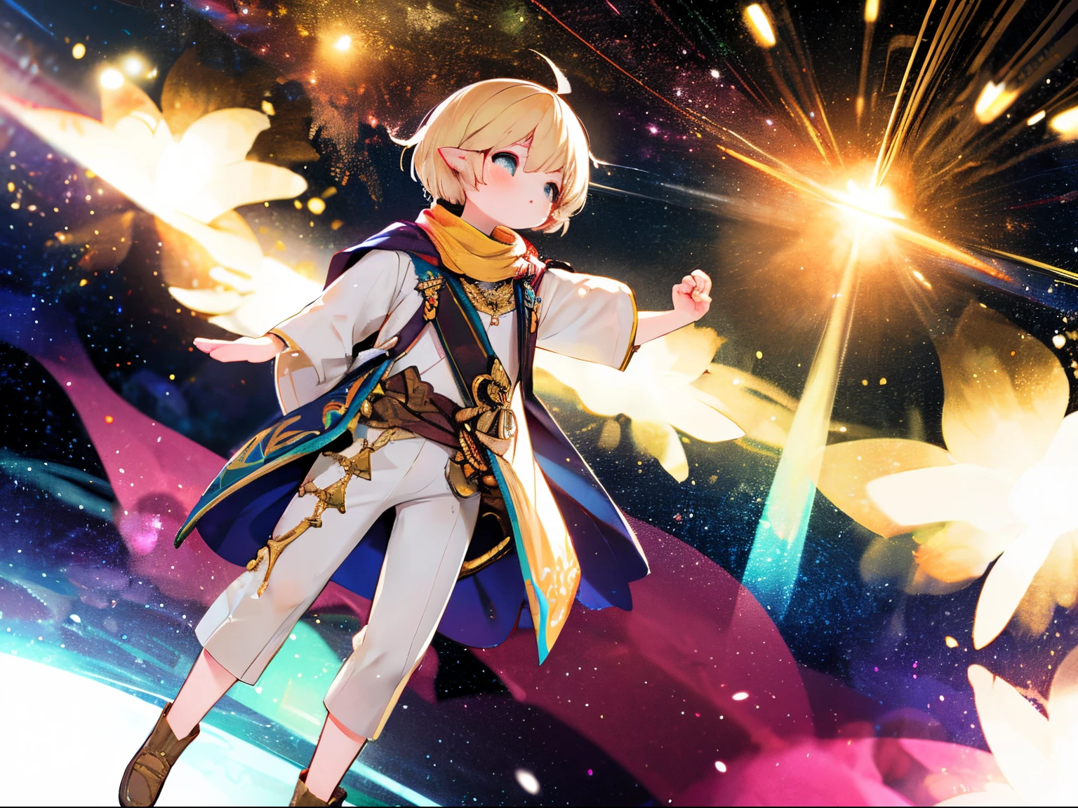 (1boy), Ff14, Lalafel, pointy-ears, golden haired, Superman floating in the deep space, reaching a light with his hands, (Wearing white tunic with a intricate golden scarf), vivid colors, bokeh, sparkling eyes, peaceful expression, magical aura, celestial background, star-filled sky, soft ethereal lighting.