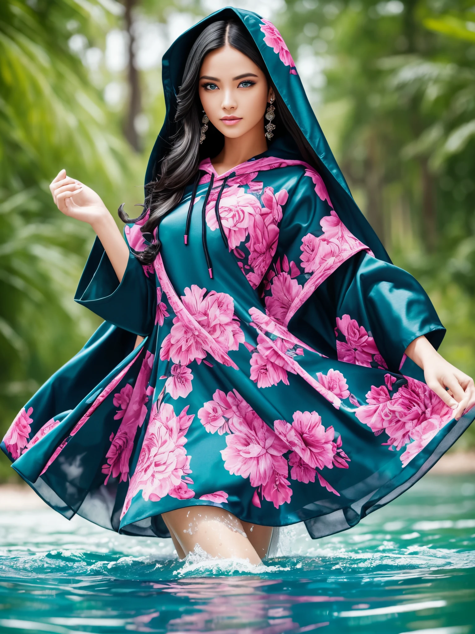 beautiful model, with long, ultra-detailed black hair, with emerald blue eyes, pink dress with hood and flowery print, coming out of the water --auto --s2