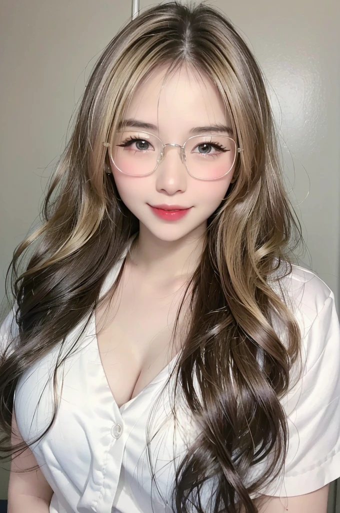 (Best quality, 8k, 32k, Masterpiece, UHD:1.2),Photo of Pretty Japanese woman, 1girl, glasses, smile, (long blonde hair), (large breasts), double eyelid, white transparent veil,hospital, patient's room, upper body, sexy