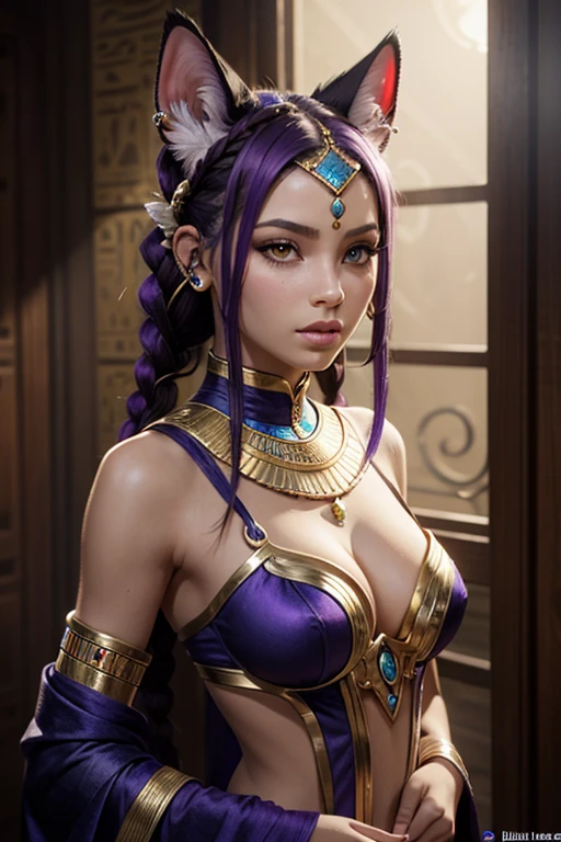 Déesse Egyptienne, Bastet, Toge Blanche, Jewel Dorée, oreilles de chat, Dark and Purple hair, braided hair, belle poitrine,clivage, Avatar de seconde vie, Nice screenshot, Femme seduisante vue complète du corps, High quality, very detailed skin,