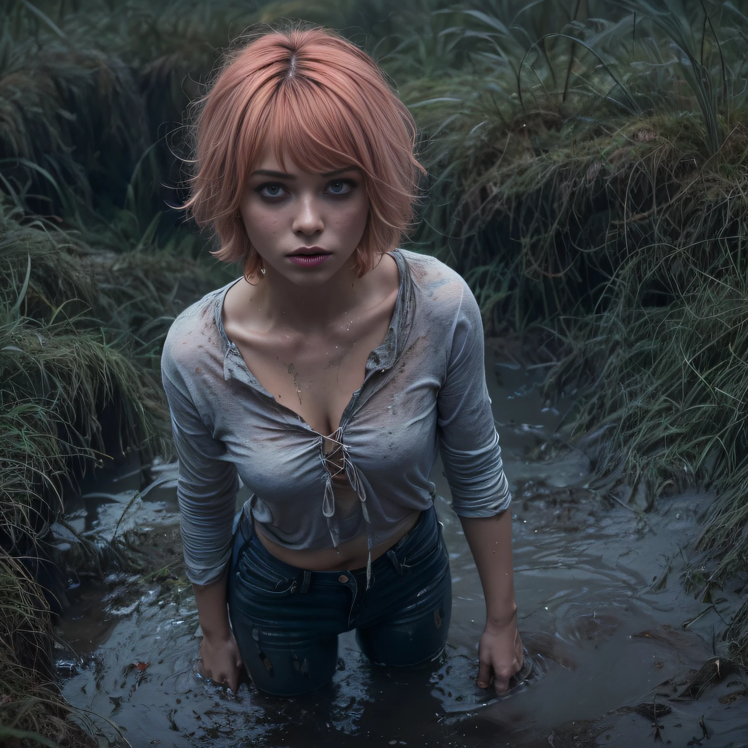 (Best Quality,hight resolution,Masterpiece, Overhead view:1.20),Ultra-detailed,The woman,Wide flares on jeans,sickly,drowning in a swamp,standingn:1.2, fetish, shame:1.3, (at the bottom of a mud pit:1.3),gloomy ecstasy:1.3,gritty texture,melancholic expression on his face,mysterious aura,foggy background,Subtle color palette,provocative pose,Strong emotions,Coming Out of the Depths of Despair,Piercing gaze,intense shadows,Plunged in Darkness,Rugged terrain,ominous vibe,A supernatural sensation,asymmetrical bangs, freckles, pink short hair, Bangs, freckles, gray eyes,