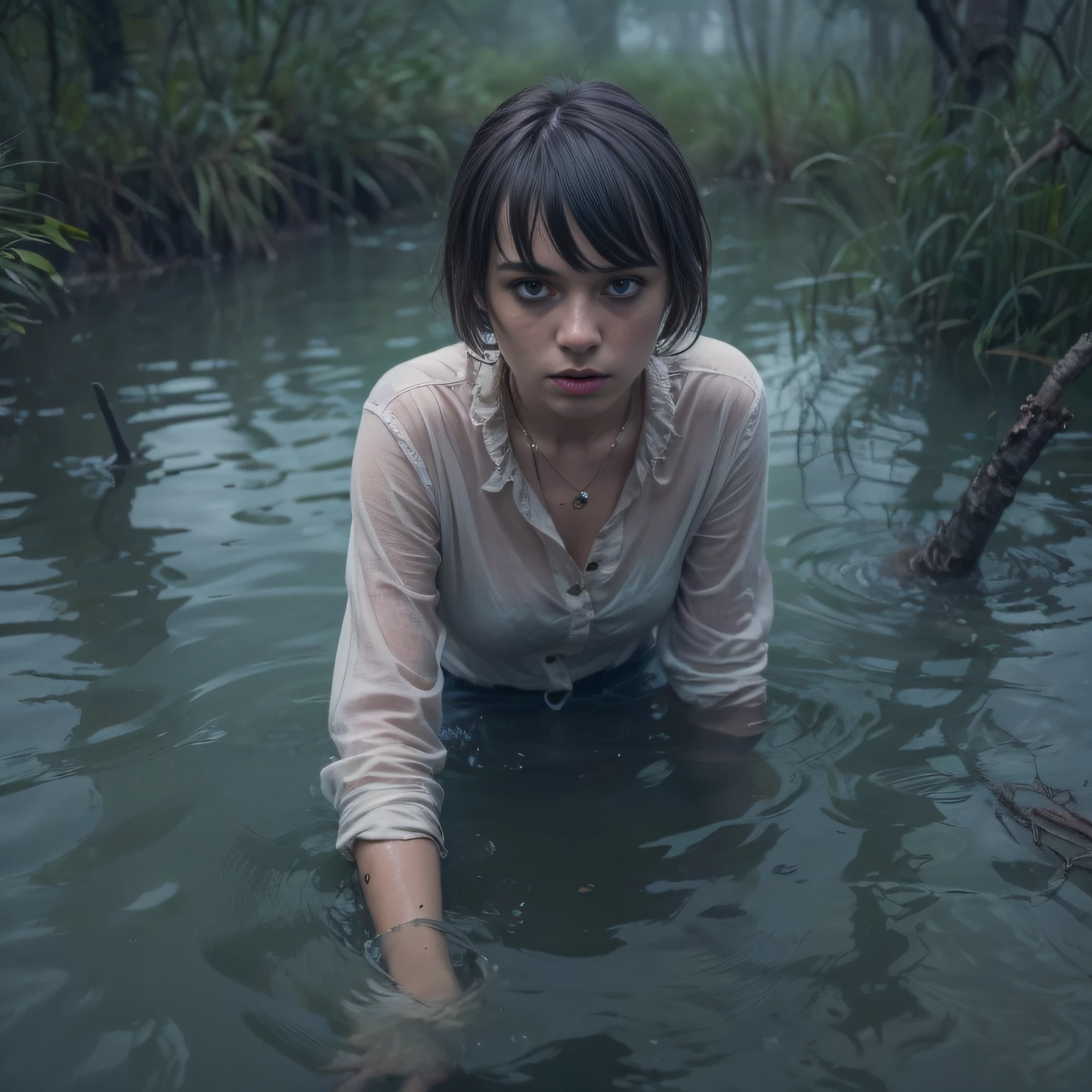 (Best Quality,hight resolution,Masterpiece, Overhead view:1.20),Ultra-detailed,The woman,Wide flares on jeans,sickly,drowning in a swamp,standingn:1.2, shame:1.3,gloomy ecstasy:1.3,gritty texture,melancholic expression on his face,mysterious aura,foggy background,Subtle color palette,provocative pose,Strong emotions,Coming Out of the Depths of Despair,Piercing gaze,intense shadows,Plunged in Darkness,Rugged terrain,ominous vibe,A supernatural sensation,asymmetrical bangs, freckles, pink short hair, Bangs, freckles, gray eyes,