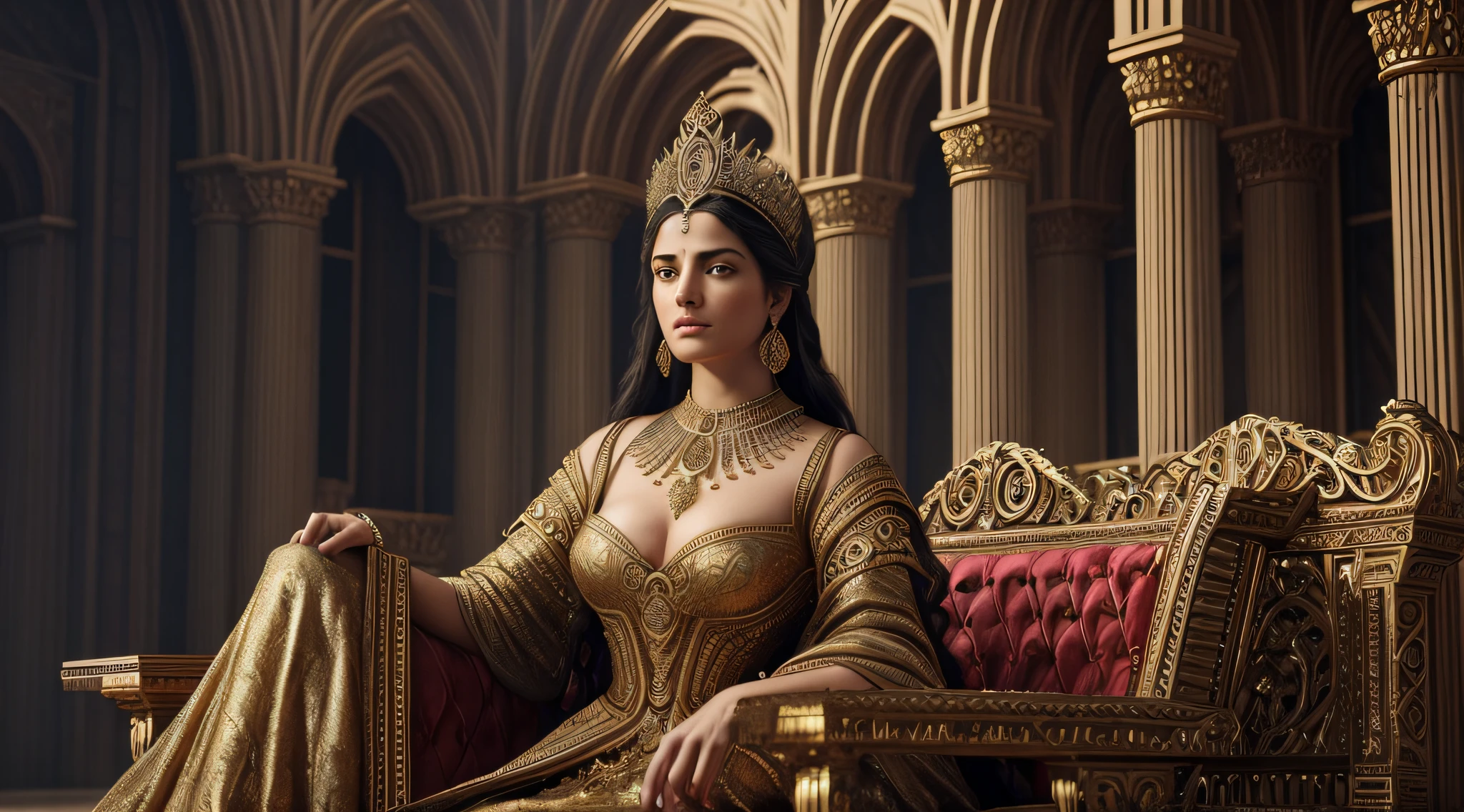 Jezebel, as a prominent figure at court, likely wore luxurious, ornate clothing, reflecting her royal position and taste for opulence. She is sitting on a very imposing throne, with eyes looking directly into the camera. One can imagine finely woven garments, perhaps from rich fabrics such as silk or linen, adorned with elaborate embroidery, jewelry, and intricate details. As for her physiognomy, she probably had typical Phoenician characteristics, which included dark eyes, black hair and more tanned skin. The beauty standards of the time may have emphasized elegance and majestic presence, characteristics that a queen would certainly seek to enhance. Regarding accessories, as queen, Jezebel would have worn a variety of jewelry to enhance her beauty and status. This could includa lovely crystal embellished goddess beautiful body, indian face, bigger eyes, scifi, futuristic, utopian, machine parts, body parts, wires, circuits, highly detailed, octane render, cinematic, ayami kojima, karol bak, side view, look from above, greg hildebrandt, and mark brooks, hauntingly surreal, gothic, highly detailed and intricate, rich deep colors., sf, intricate artwork masterpiece, ominous, matte painting movie poster, golden ratio, trending on cgsociety, intricate, epic, trending on artstation, by artgerm, h. r. giger and beksinski, sf, intricate artwork masterpiece, sf, intricate artwork masterpiece, ominous, golden ratio, trending on cgsociety, intricate, epic, trending on artstation, by artgerm, h. r. giger and beksinski, highly detailed, vibrant, production cinematic character render, ultra high quality model, black and white still, digital Art, perfect composition, beautiful detailed intricate insanely detailed octane render trending on artstation, 8 k artistic photography, photorealistic concept art, soft natural volumetric cinematic perfect light, chiaroscuro, award - winning photograph, masterpiece, oil on canvas, raphael, caravaggio, greg rutkowski, beeple, beksinski, giger