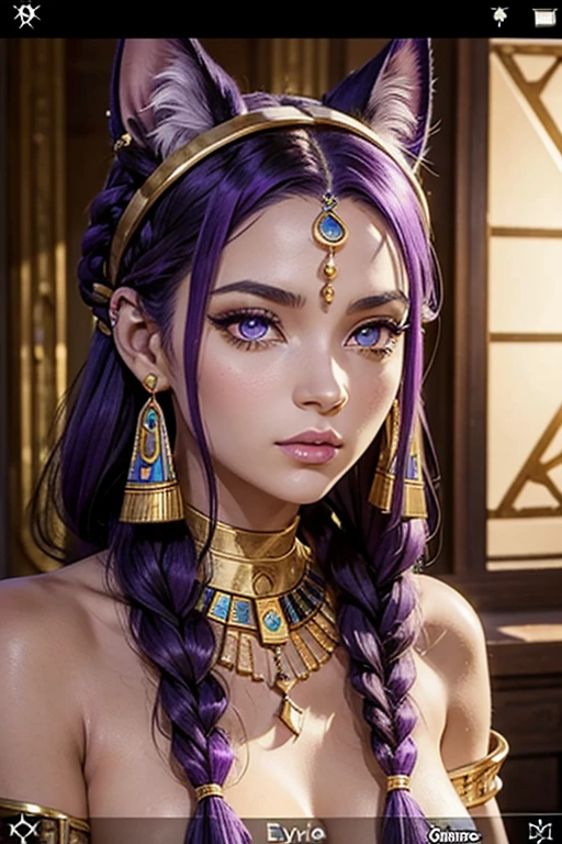 Déesse Egyptienne, Bastet, Toge Blanche, Jewel Dorée, oreilles de chat, Dark and Purple hair, braided hair, belle poitrine,clivage, Avatar de seconde vie, Nice screenshot, Femme seduisante vue complète du corps, High quality, very detailed skin,