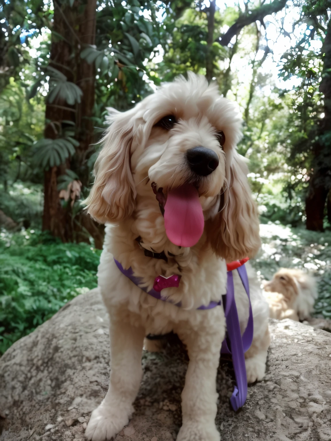 tem um cachorro sentado em uma pedra na floresta, Mistura de Cocker e Poodle, happily smiling at the camera, com uma pose cool, with a happy expression, pet animal, retrato frontal.