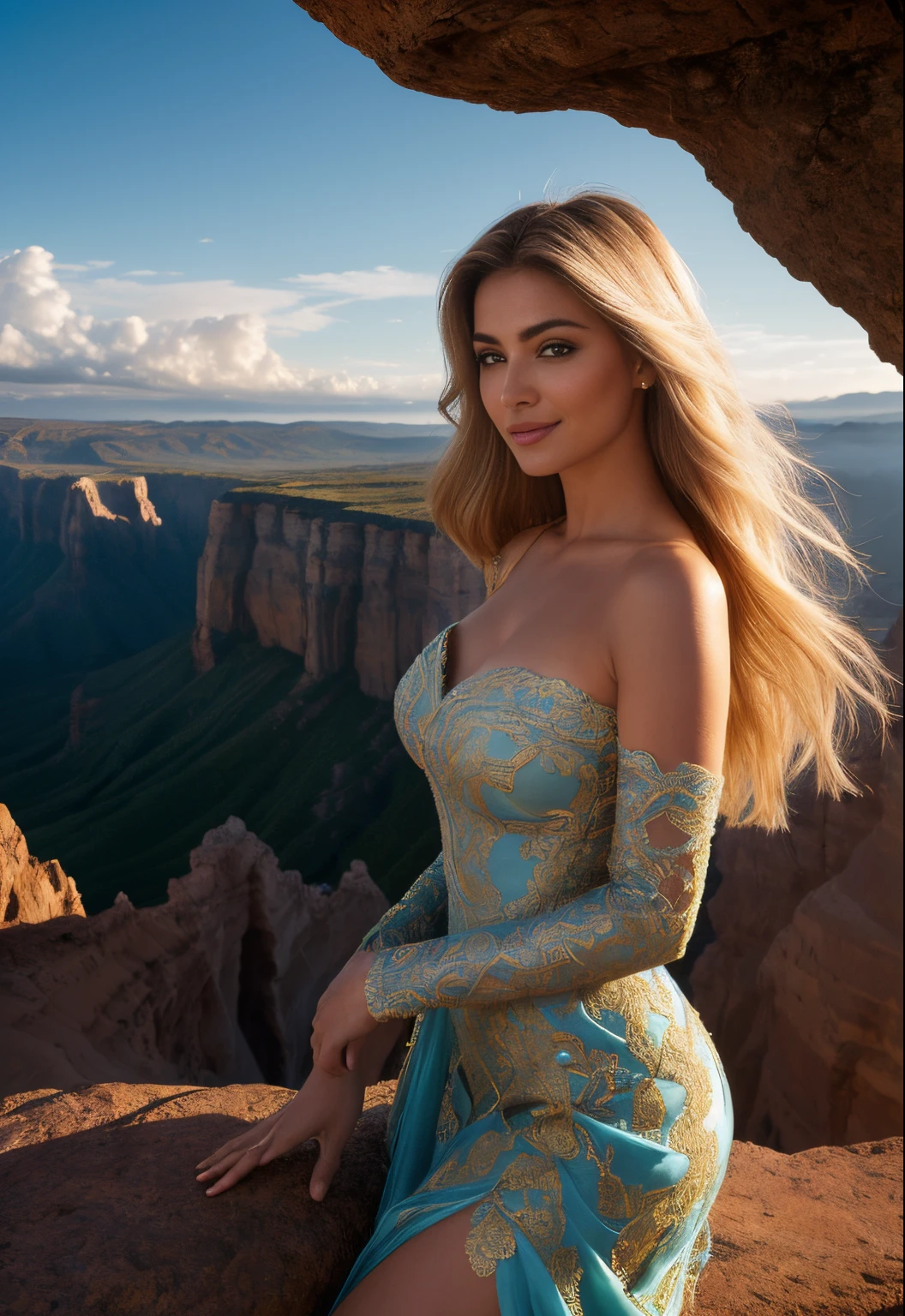 master part, (((supermodelo de figura completa ))) corpo inteiro no quadro, (((magical lighting action shot))) (((Beautiful smiling goddess pale Irish woman arched back on stone surrounded by clouds in the sky vast waterfalls deep fantasy landscape cosmic canyon, galactic, garden out of this world dangerous skies))), (((blue and gold lace exotic intricate heavenly dress showing off the body and side, looking-into-camera))) , ((( cabelos Ruivos, accurate hands, olhos precisos))) Moody Lighting, Hora Azul, cores azuis, Very detailed, dramatic lighting, digital art trending on Artstation 8k HD high definition detailed realistic, circunstanciado, textura da pele, hiper detalhado, textura de pele realista, Armadura, best quality, ultra high-resolution, (fotorrealista:1.4), high resolution, circunstanciado, Foto RAW, sharp re, nikon d850 film stock photograph 4 kodak portra 400 camera f1.6 lens rich colors hyper realistic lifelike texture dramatic lighting unrealengine trending on artstation cinestill 800, (((Anatomia feminina precisa, olhos perfeitos))) (((500px, rolhas, photosight.Ru, Metart, iso noise))) (((Roupas SFW)))