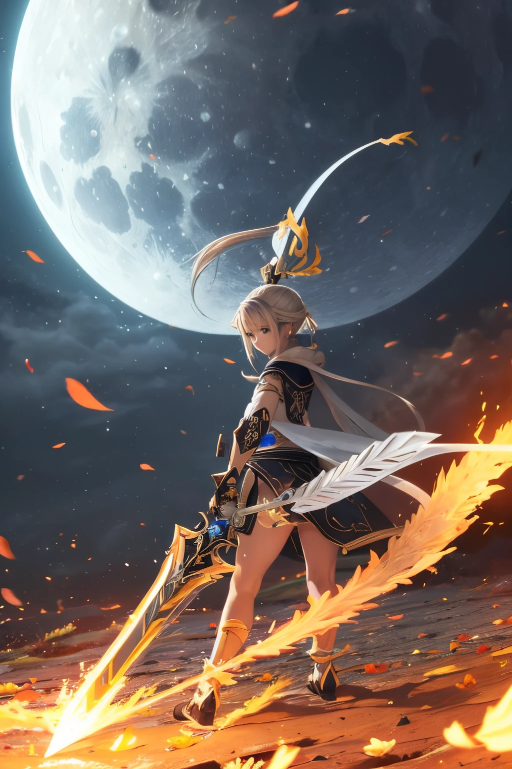 white spiral battle spear with fiery petals, divine weapon, 4k, against the backdrop of a destroyed full moon.