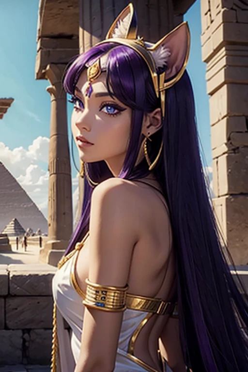 Déesse Egyptienne, Bastet, White Toga, Jewel Dorée, oreilles de chat, Cat Tail,  Dark and Purple hair, Curved long hair, , belle poitrine,clivage, Charismatic character, In front of a pyramid, Avatar de seconde vie, Nice screenshot, Femme seduisante vue complète du corps, High quality, very detailed skin,