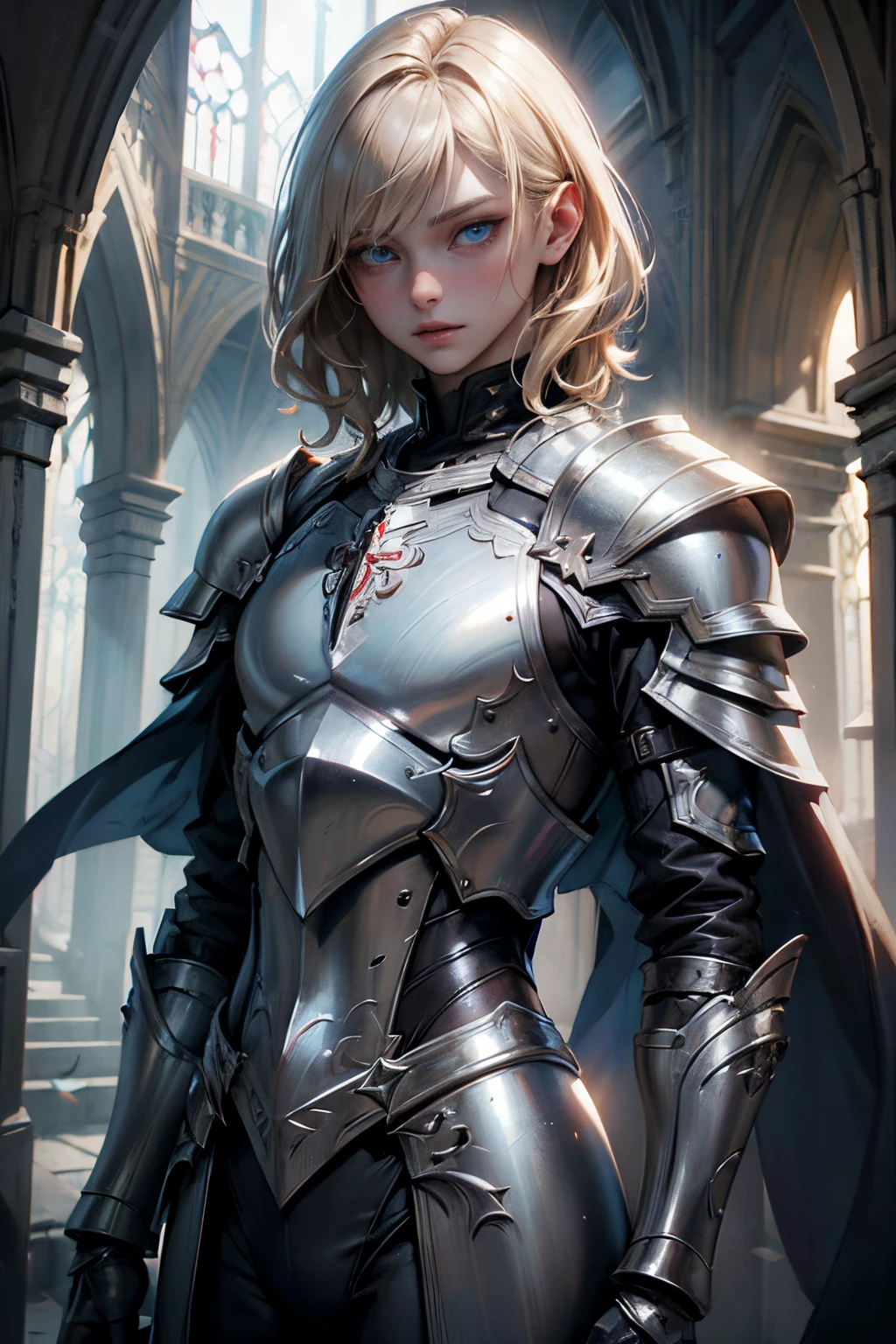 (best quality,4k,highres,masterpiece:1.2),ultra-detailed,(realistic:1.37),pale young boy,templar armor with cross,blue eyes,short wavy blond hair,in-hand leaf,vampire