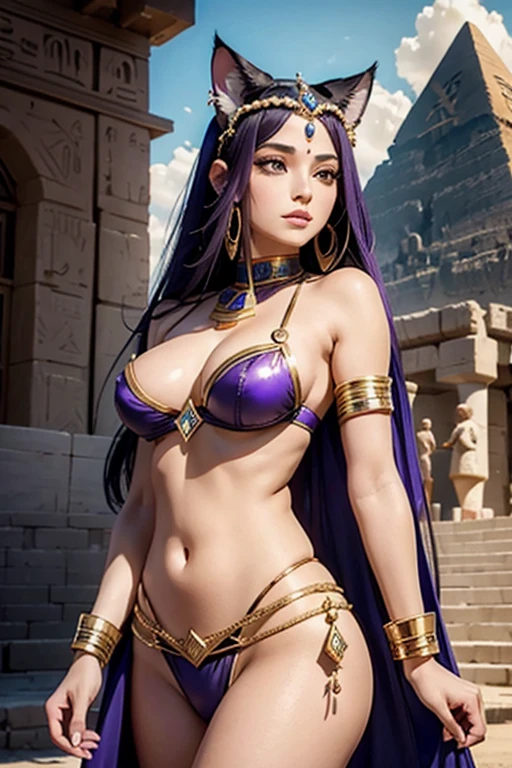 Déesse Egyptienne, Bastet, Toge Blanche, Jewel Dorée, oreilles de chat, Dark and Purple hair, Curved long hair, , belle poitrine,clivage, Charismatic character, In front of a pyramid, Avatar de seconde vie, Nice screenshot, Femme seduisante vue complète du corps, High quality, very detailed skin,