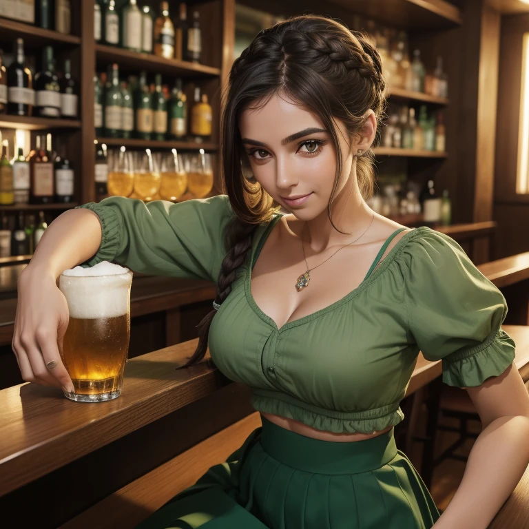 (obra-prima), melhor qualidade, olhos perfeitos, rosto perfeito, 1 menina, (olhos castanhos: 1,4), (mature appearance, delineador, peituda, decote, huge, droopy breasts, bunda grande, sobrancelhas arqueadas, nariz arrebitado, cabelo ruivo, longo cabelo, braided ponytail), (sardas, sardas claras no corpo, sardas no peito: 1,3). (garota de bar, peasant top, espartilho, medium length green skirt:1.2). (piscando, sorriso relaxado, servindo cerveja, atendendo bar, entregando bebida ao espectador: 1,5). (Medium Close-up, foco nos seios, pov:1,6). fundo de taverna de fantasia.
