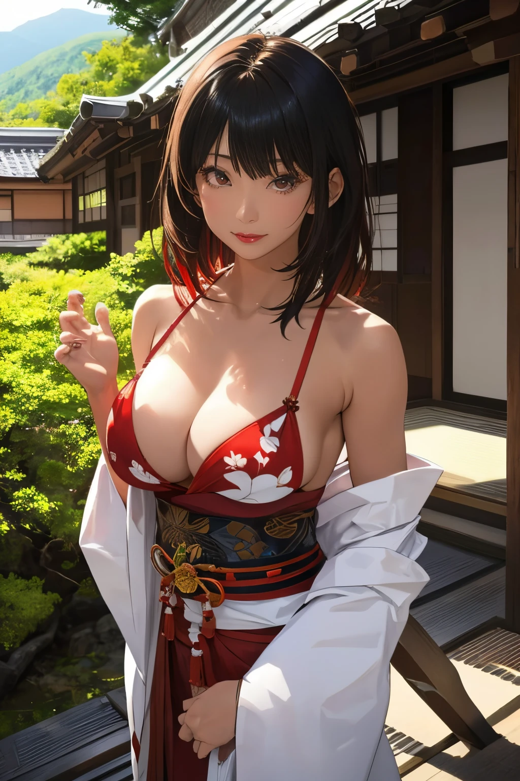 ((in the mountains of japan:1))、((on a tree))、sexy female crow tengu、Japanese traditional UMA tengu, sexy japanese monk costume, Sexy brown skin, Nice sexy body、tanned healthy sexy skin、One lady、Red hair ornament、((Black Japanese style sexy costume:1))、with the crow