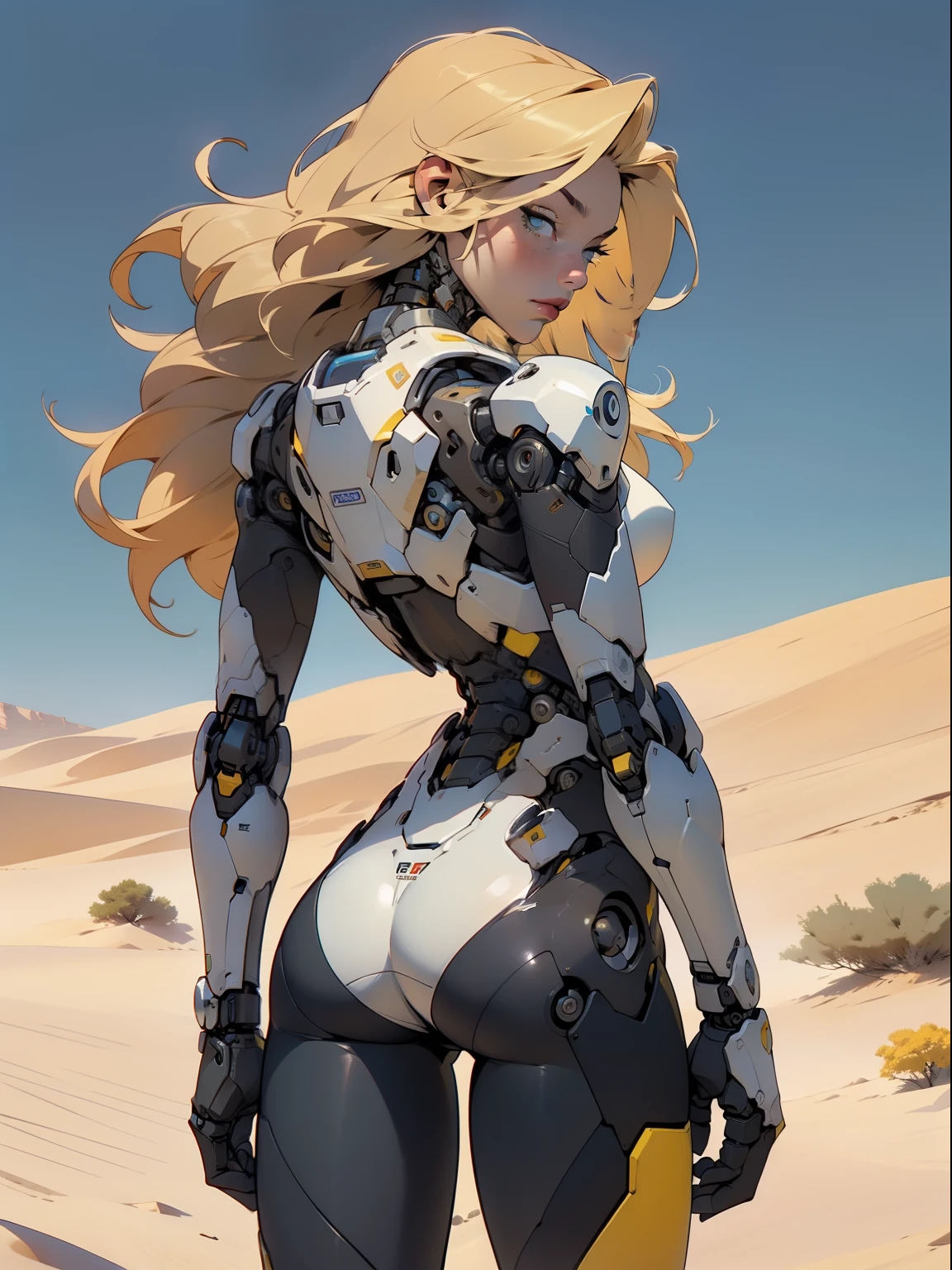high quality, 4k, masterpiece, beautiful, cyborg girl, cowboy shot, dull eyes, back side, turning around to look at viewer, long blonde hair, girl, small breasts, fit thigh, robotic arms, robotic body, cyborg body, yellow accent, redaccent, intricate detail, joint, detailed lines, robotic detail, holding fist up, holding hand up as fist, color robotic parts, robotic parts with color, perfect fingers, on a desert planet, sunny background, colorful desert,