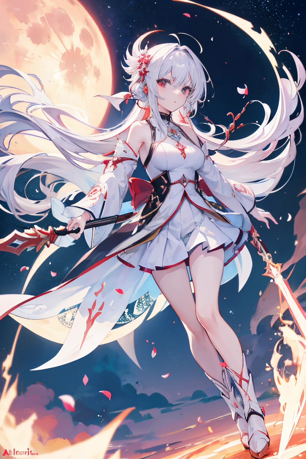 Miko,large breast , white hair, Long hair,full body, miko scepter