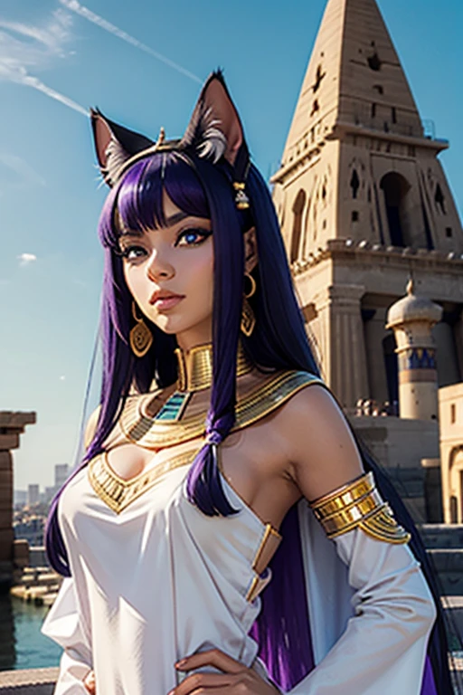 Déesse Egyptienne, Bastet, White Toga, Jewel Dorée, oreilles de chat, Cat Tail, Dark and Purple hair, Curved long hair, , belle poitrine,clivage, Charismatic character, In front of a pyramid, Avatar de seconde vie, Nice screenshot, Femme seduisante vue complète du corps, High quality, very detailed skin,