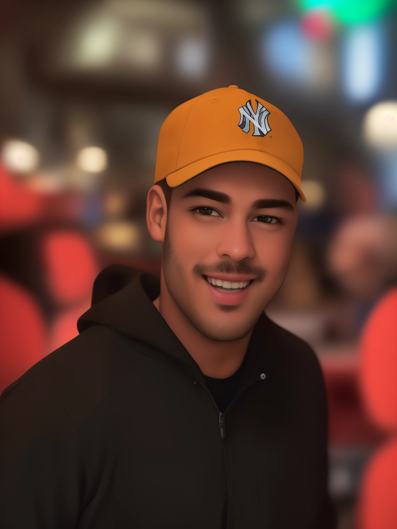 smiling man with New York Yankees cap in a restaurant, tranformar a imagem em um desenho realistico da pixar