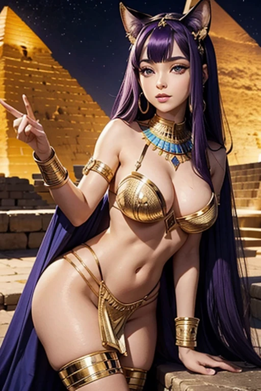 Déesse Egyptienne, Bastet, Toge Blanche, Jewel Dorée, oreilles de chat, Dark and Purple hair, Curved long hair, , belle poitrine,clivage, Charismatic character, In front of a pyramid, Avatar de seconde vie, Nice screenshot, Femme seduisante vue complète du corps, High quality, very detailed skin,