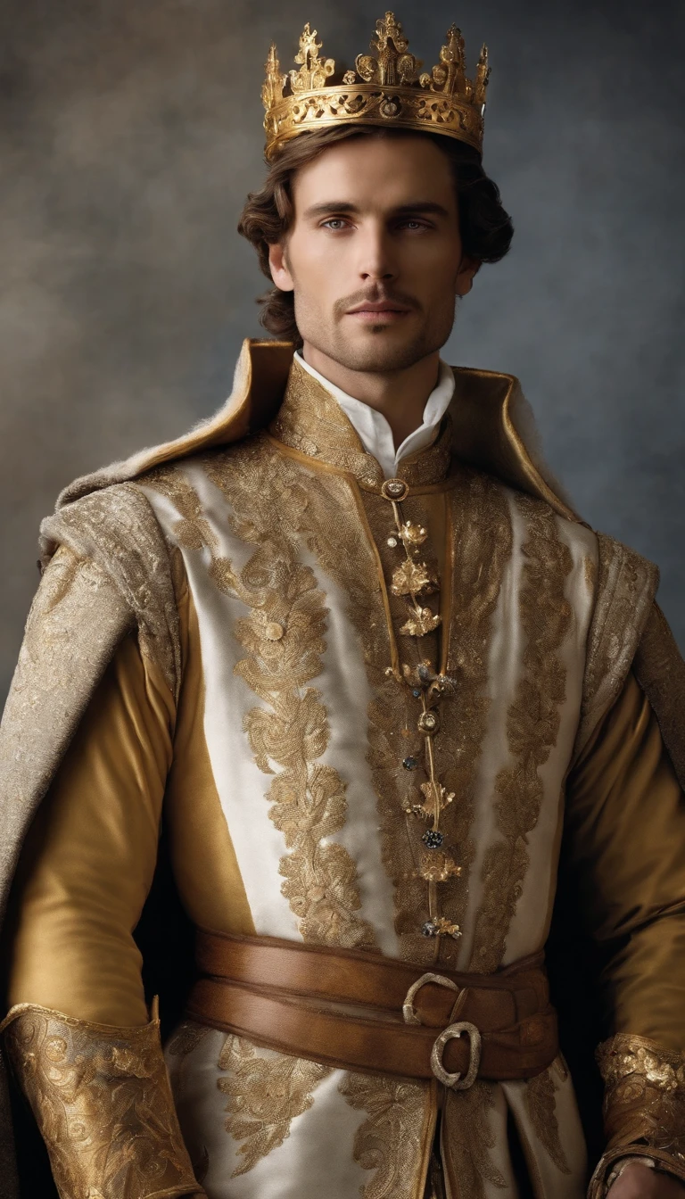 image of a man, king of a country, very well dressed in gold and silver clothes, a noble from the middle ages, with serene expressions and calmly speaking to his friends