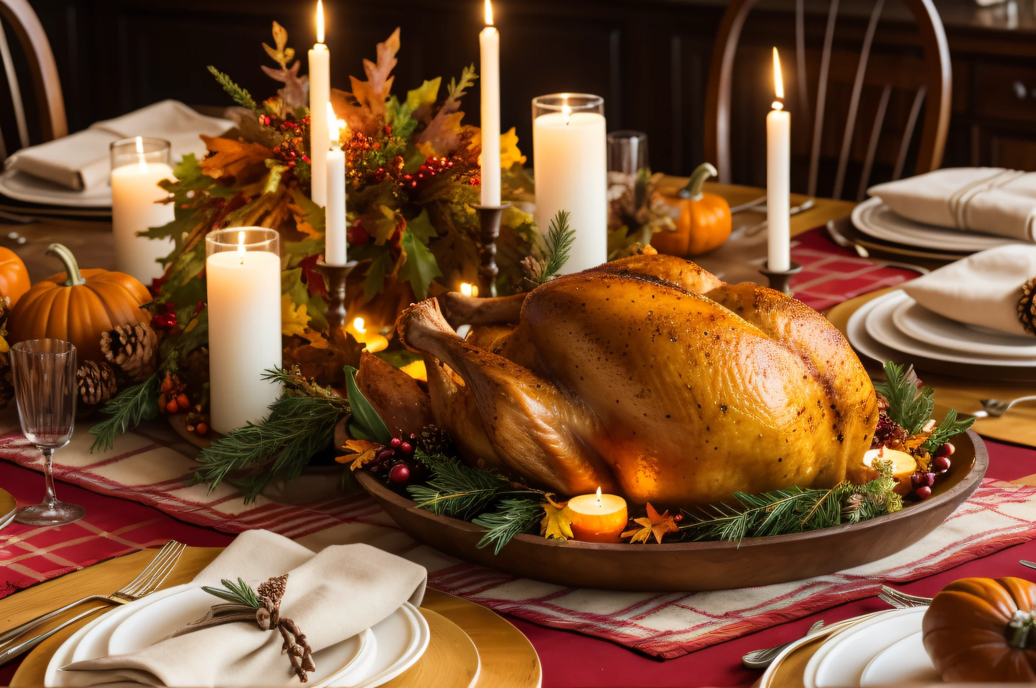(a)thanksgiving dinner,roast turkey,table,christmas decoration,(best quality,highres),vivid colors,off-centered composition,beautiful tablecloth,delicious food,joyful atmosphere,steaming dishes,candlelight,fall colors,cornucopia,harvest theme,grateful family gathering,warm and inviting ambiance,autumn leaves,traditional feast,happy faces,festive table settings,plentiful servings,seasonal centerpiece,thankful blessings,laughter and conversations,tasty side dishes,spiced pumpkin pie,roasted vegetables,memorable family traditions,(bright lighting,soft lighting),hearty celebration,memorable moments,lovingly prepared dishes