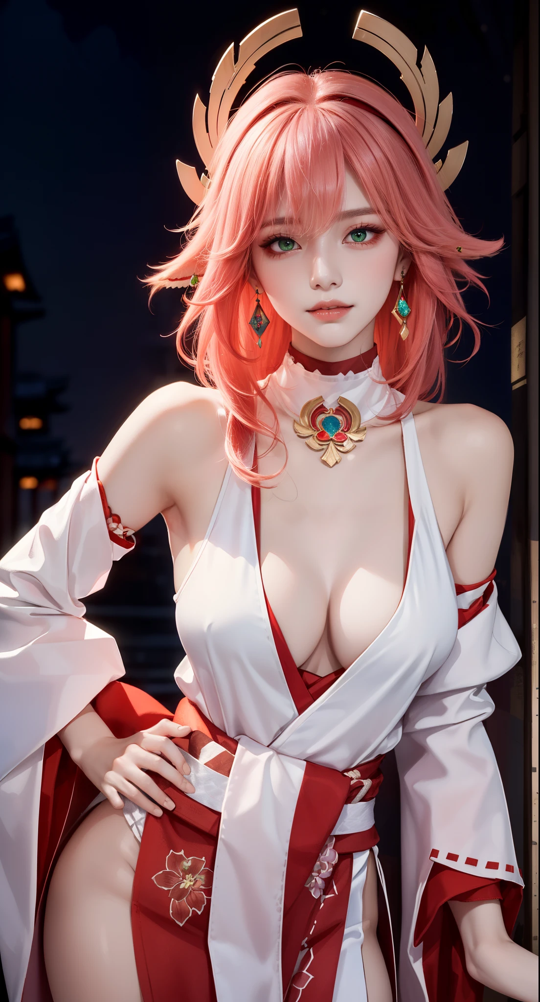 (Masterpiece, Excellent, 1girl, solo, complex details, color difference), realism, ((medium breath)), off-the-shoulders, big breasts, sexy, Yae Miko, long pink hair, red headdress, red highlight, hair above one eye, green eyes, earrings, sharp eyes, perfectly symmetrical figure, choker, neon shirt, open jacket, turtleneck sweater, graffiti, dim lighting, alley, ((mean, seductive, charming)), ((winter background))), ((japan background)))), (((luminous background))), (dynamic pose), (bend at the waist, bend down and look at viewer:1.1), tulle, bare shoulders, blooming flower fields, radiant skin, faint smile, sexy, bust, no breast cover, naked, cocked ass, tummy look