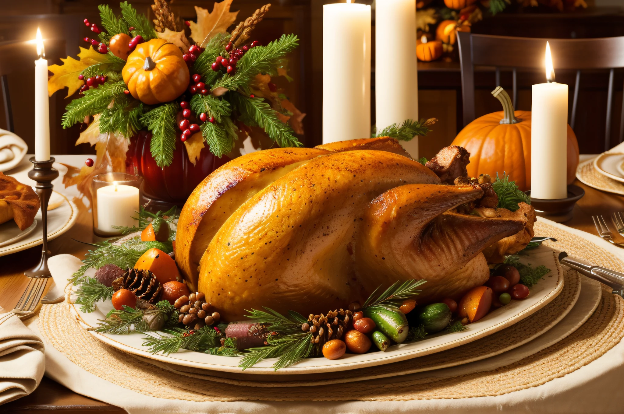 (a)thanksgiving dinner,roast turkey,table,christmas decoration,(best quality,highres),vivid colors,off-centered composition,beautiful tablecloth,delicious food,joyful atmosphere,steaming dishes,candlelight,fall colors,cornucopia,harvest theme,grateful family gathering,warm and inviting ambiance,autumn leaves,traditional feast,happy faces,festive table settings,plentiful servings,seasonal centerpiece,thankful blessings,laughter and conversations,tasty side dishes,spiced pumpkin pie,roasted vegetables,memorable family traditions,(bright lighting,soft lighting),hearty celebration,memorable moments,lovingly prepared dishes