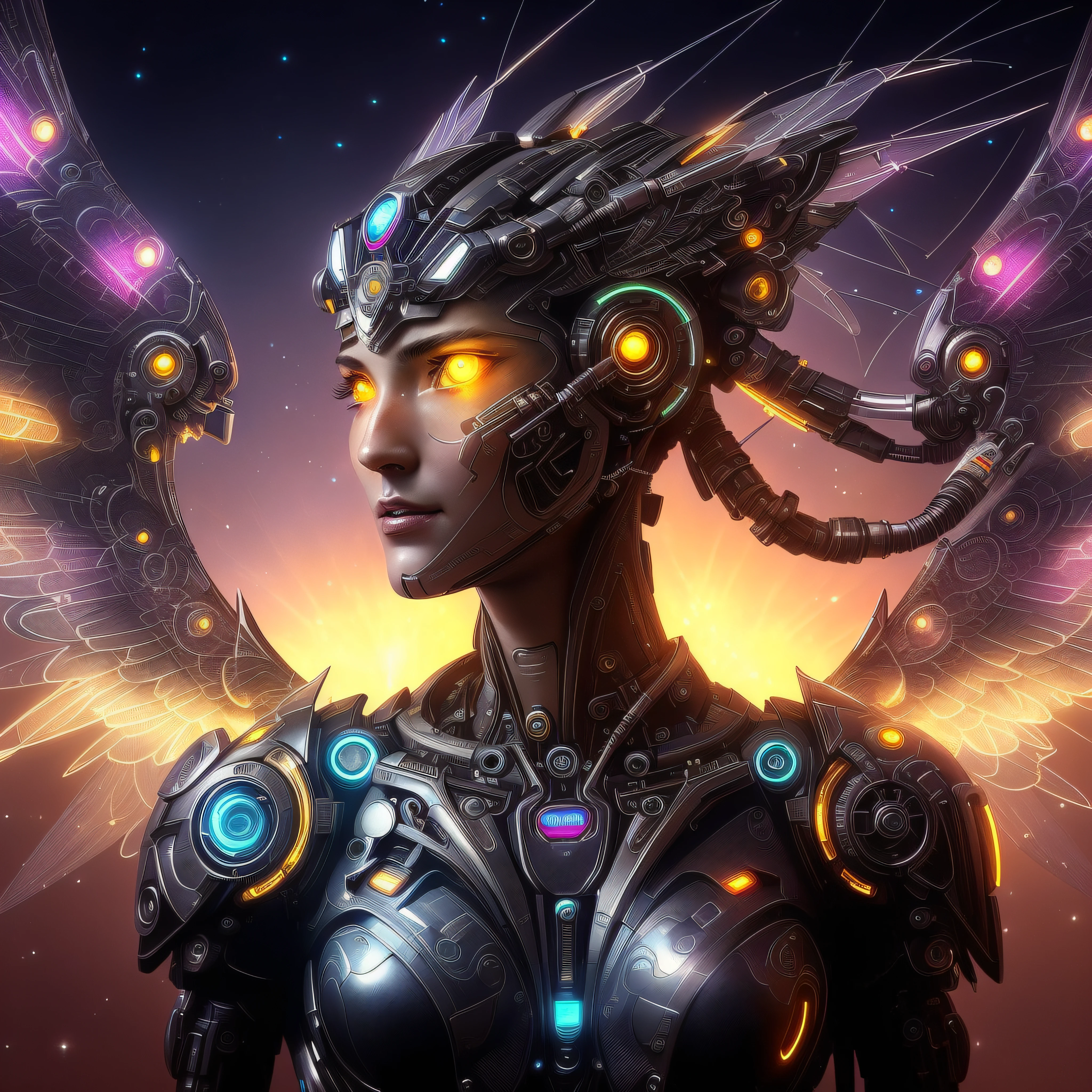a close up of a woman with wings and glowing eyes, beautiful cyborg angel girl, portrait of a cyborg queen, cyborg goddess in cosmos, futuristic robot angel, cyberpunk robotic elvish queen, cyberpunk cyborg wasp, detailed cosmic angelic robot, beautiful cyborg priestess, detailed fantasy digital art, beautiful robot character design, 4k highly detailed digital art
