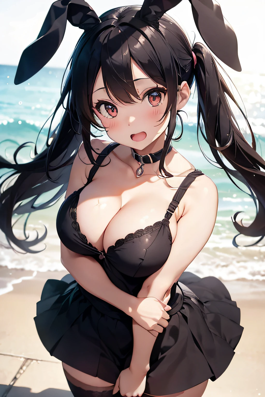 breasts, Jewelry, large udder, thighs thighs thighs thighs, lovely smile, cleavage, Brown eyes, Looking at Viewer, Twin-tailed, bunnysuit, Rabbit ears,Solo Focus, girl with, Brown hair, multiple boy, Holding,Well-lit place, Underwear, pantiy, Cleavage emphasis, Open mouth, blush, thighs thighs thighs thighs, Skirt, Black hair, Beautiful woman,8K, 超A high resolution,Raw photo,(masutepiece:1.2), (Best Quality:1.2),Realistic, Looking from above,Photorealistic,Sharp Focus,Professional