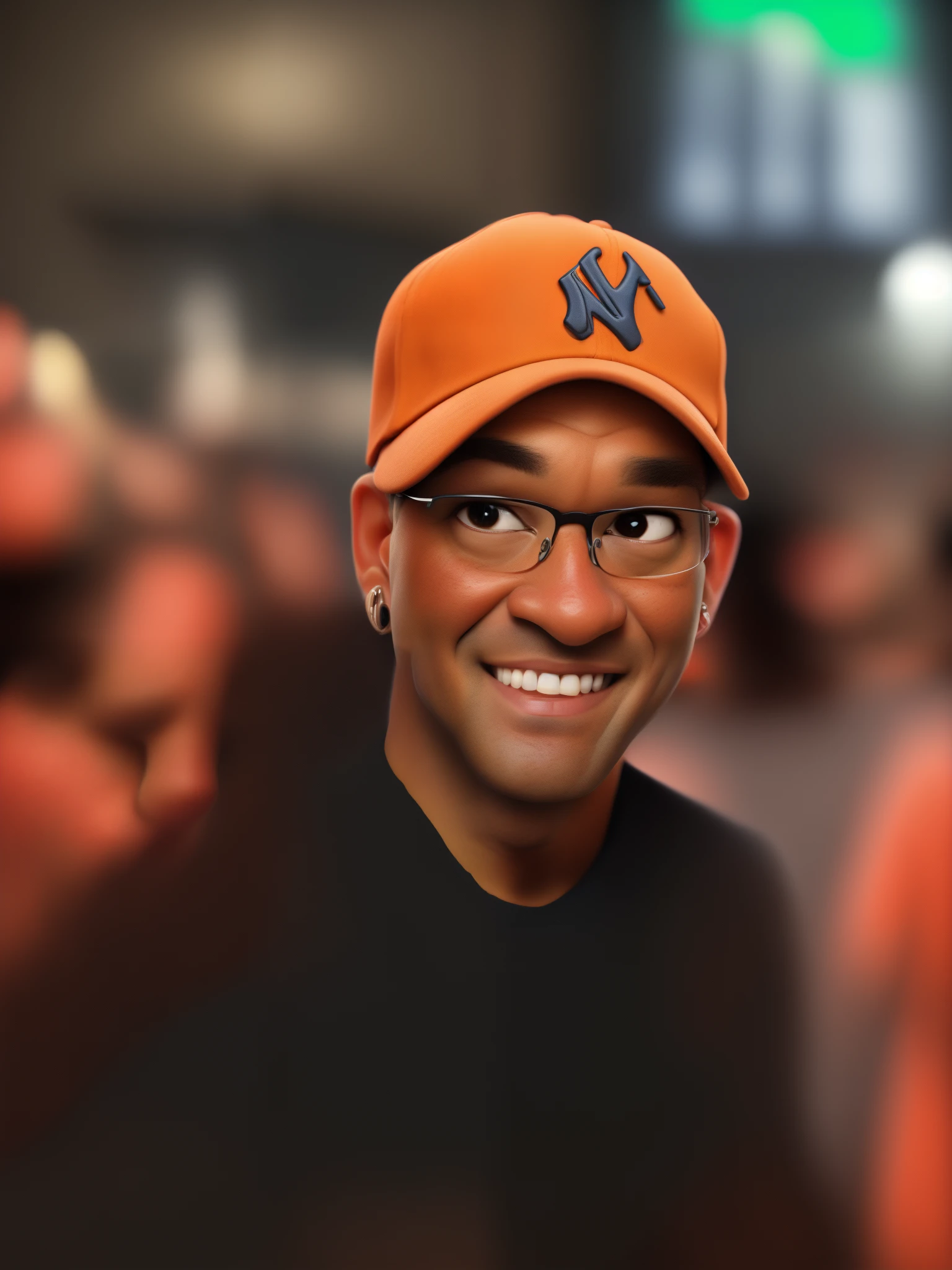 smiling man with New York Yankees cap in a restaurant, foto do perfil, taken in the early 2020s, foto de perfil headshot, imagem de perfil, taken in the late 2010s, tranforme em uma imagem do pixar de alta qualidade